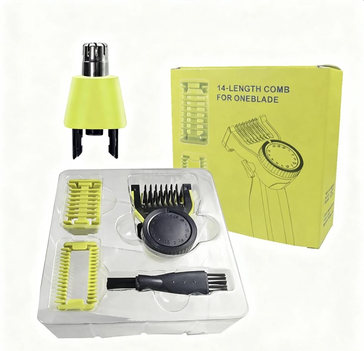 Photo 1 of 14-in-1 Adjustable Guard & Single Blade for Philips Norelco Oneblade, 14 Lengths (0.4-10mm) - Skin Guard, Body Comb, Cleaning Brush & Nose Hair Trimmer Blade - Fits QP2520/2530/2620/2630 & More
