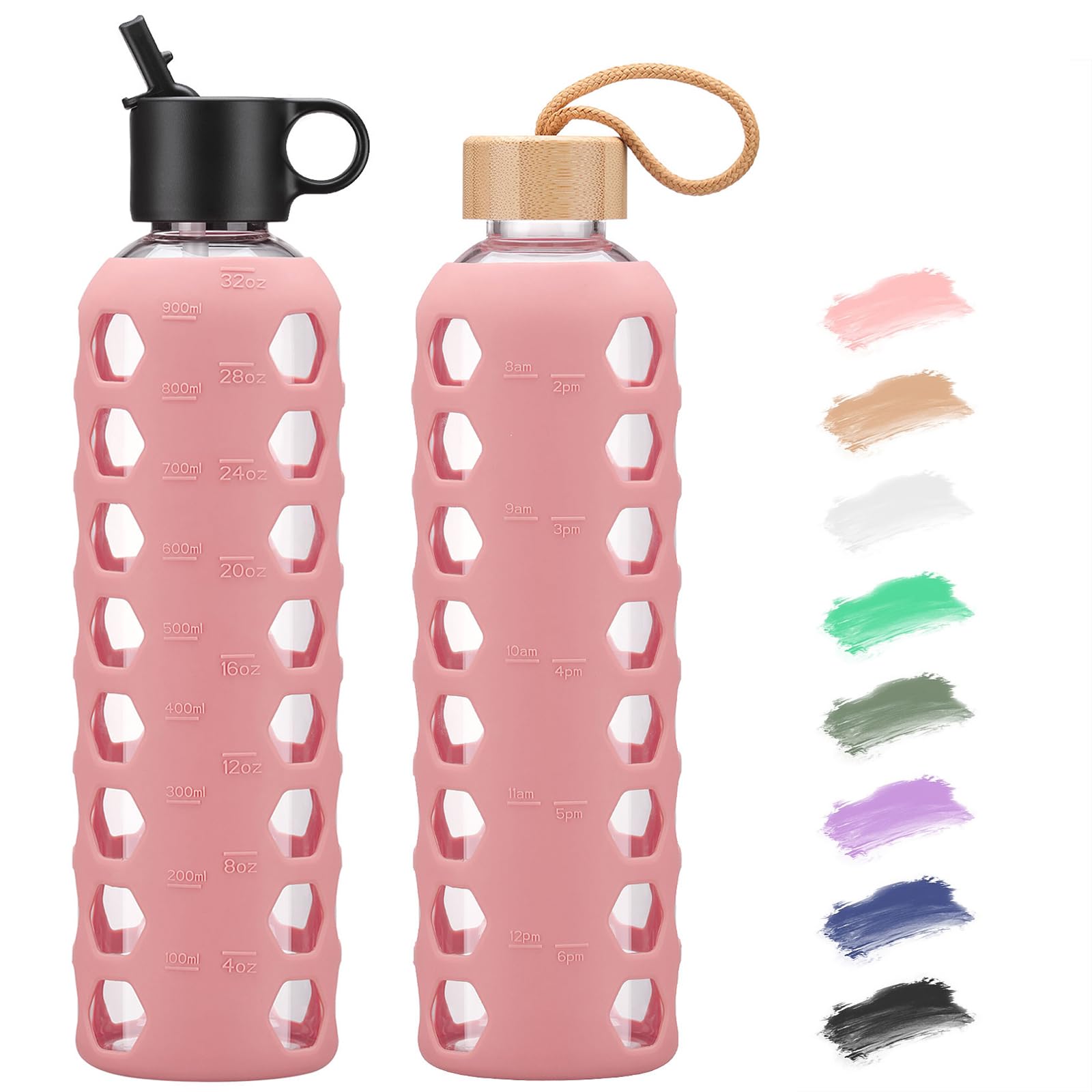 BLUEGO Borracce in vetro, 900ml Bicchiere in vetro, Bottiglie per bere con 2 coperchi, Bottiglia per l'acqua sportiva con custodia in silicone, A prova di perdite, Rosa