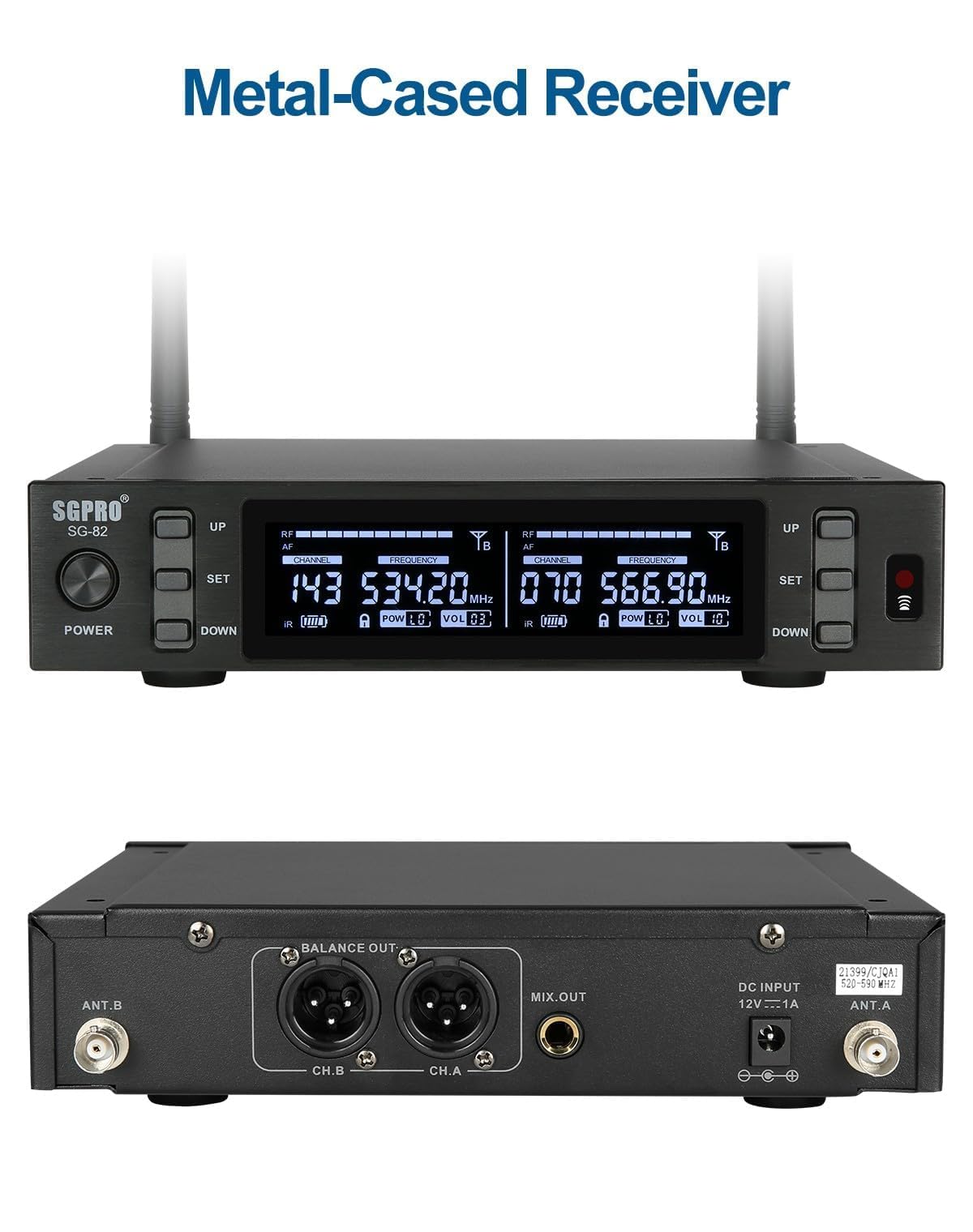 Dual Wireless Microphone System - Metal Handheld Mics & Receiver, Adjustable UHF Channels 520-590 MHz Range, Antenna Diversity, Ideal for Professional Audio and Events