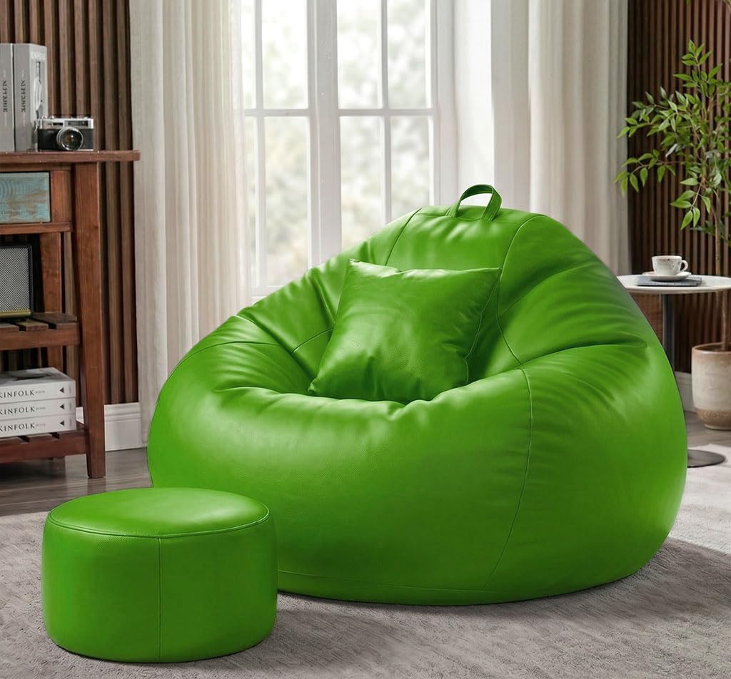 Sattva Classic 2XL Bean Bag Chair with Beans Filled | Sofa Style Faux Leather Beanbags with Footstool & Cushion | Comfortable Bin Bags Sofa for Adults & Teens, Living Room & Office | Neon Green-picture-18