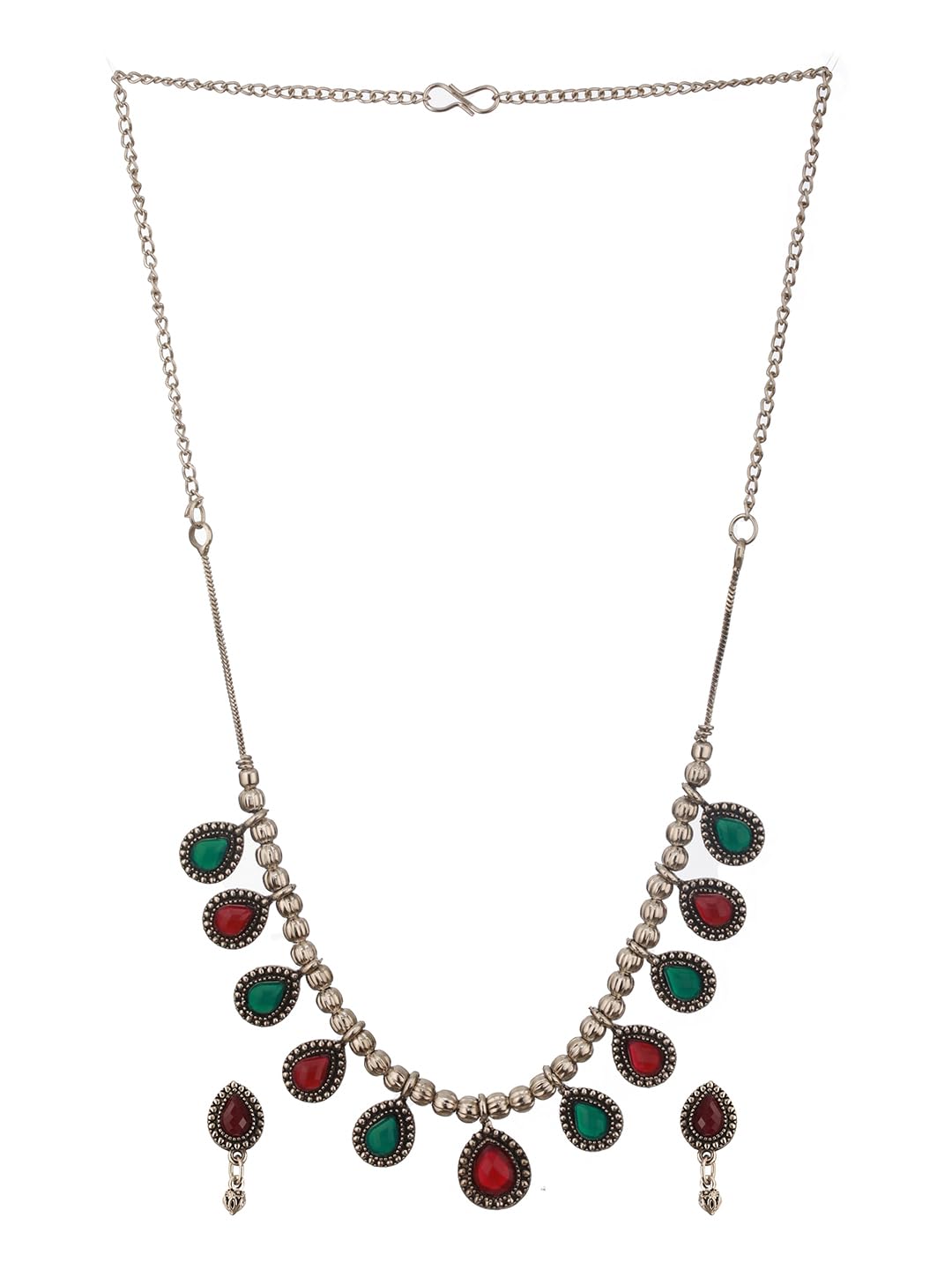 Oxidized Silver-Plated Green & Red Jewellery Set-image-23
