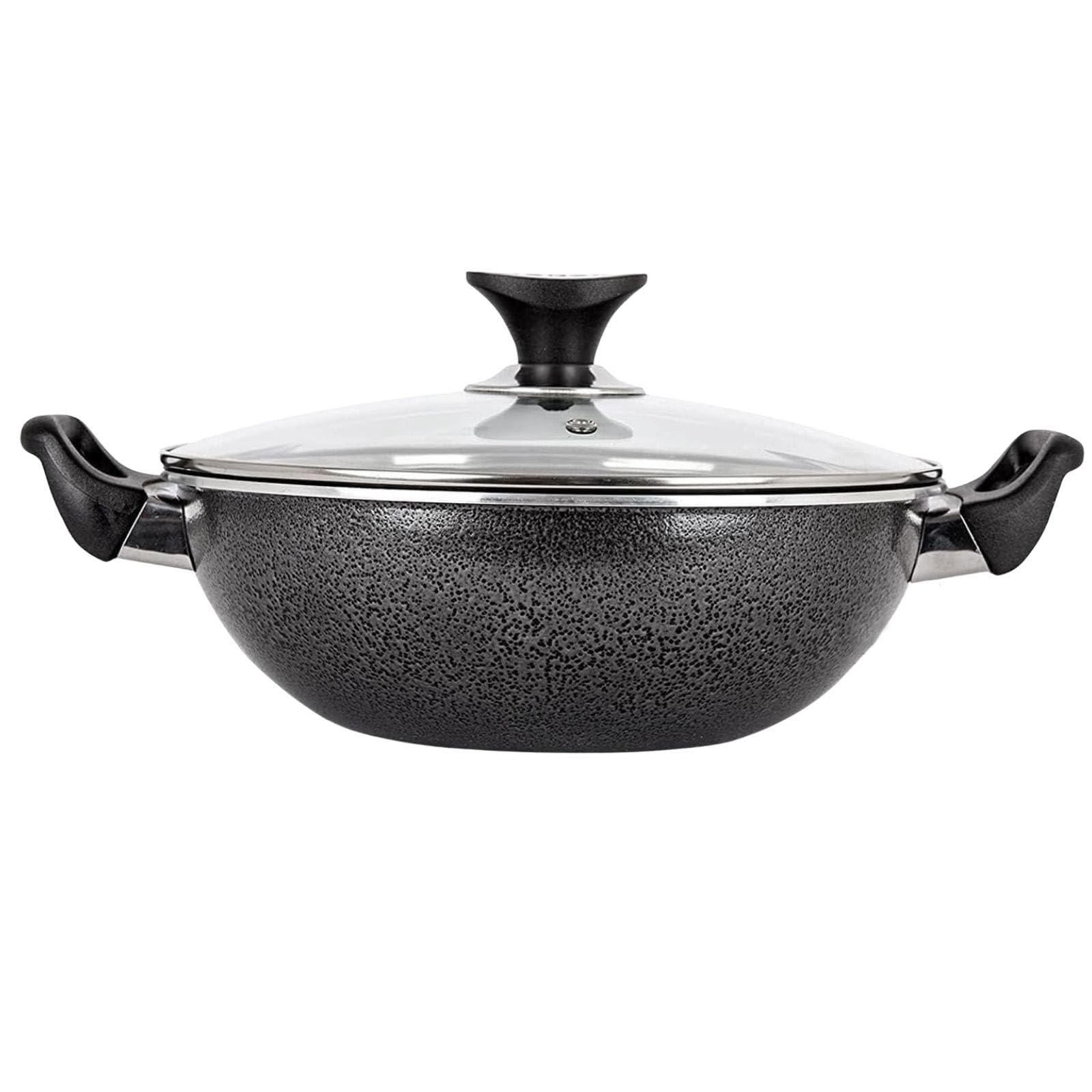 Non Stick Wok with Lid Deep Cooking Karahi Pan 30cm Induction Gas Electric Cooking Pot Dishwasher Safe Speckled Marble Finish Easy Clean Stay Cool Handle Compatible with All Stovetops PFOA Free