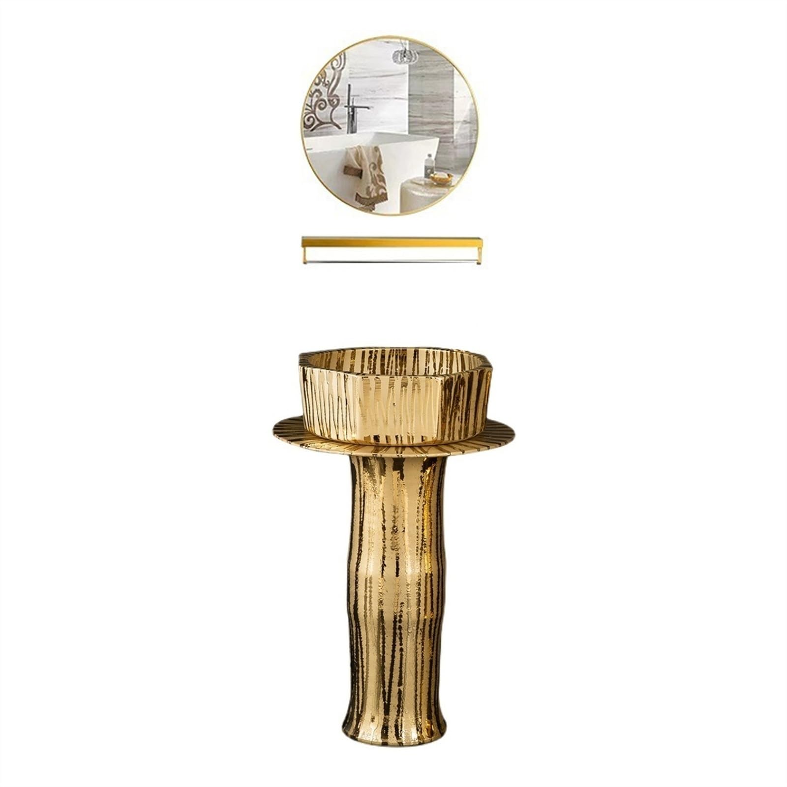 Fregadero de lavabo de pie de 3 piezas, lavabo dorado de lujo con grifo y drenaje y espejo, tamaño A, B-One Size