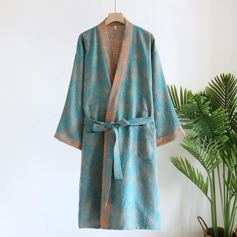 Image of Cotton Double Gauze Traditional Hanfu Midi-length Nightdress Printing Tie-belt Bathrobe Loose Pajamas Comfortable Nightgown Sweat Steaming Yukata Sauna Suit Kimono for Women Large(Green Leaf)