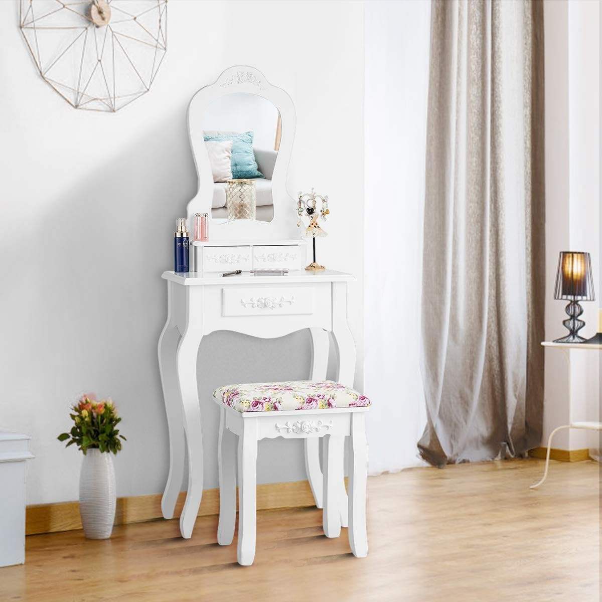 FANTASK Vintage Schminktisch Set mit abnehmbarem Spiegel, Kleiner Makeup Tisch mit 3 Schubladen und gepolstertem Hocker, Kosmetiktisch Frisiertisch Schminkkommode in Weiß