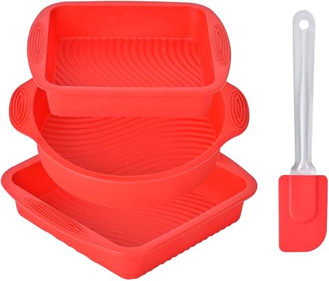 Queta 4 piezas Moldes de panadería flexible y antiadherente con una espátula de silicona para hornear Pan Tostadas Pastels (Rojo) (Tipo1)