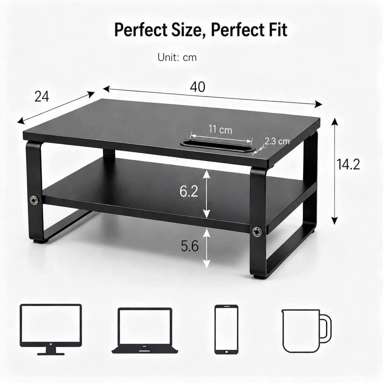 Supporto per monitor con supporto per telefono, supporto ergonomico per laptop a 2 livelli con cuscinetti antiscivolo per computer, notebook, iMac, PC, carico 50 kg, organizer da scrivania