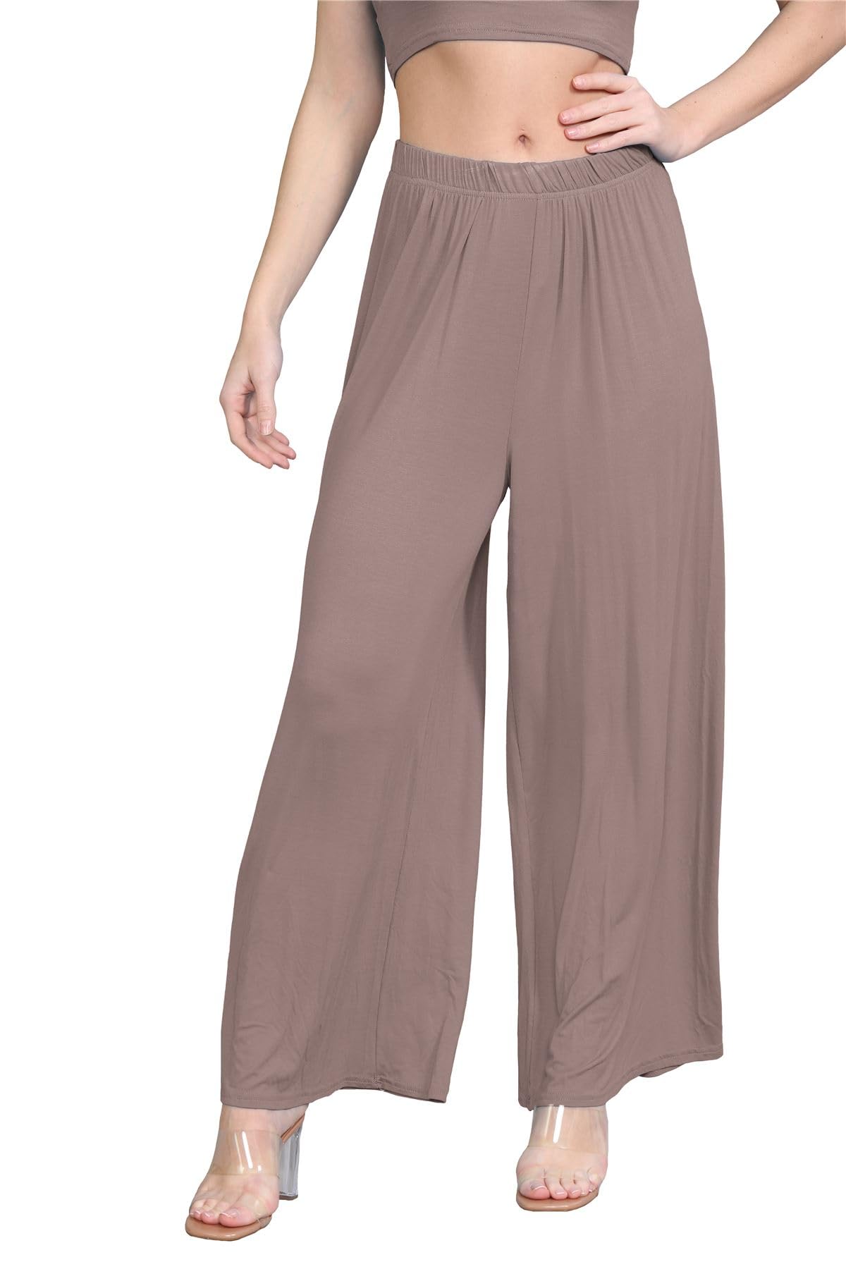 Hamishkane Women's Mocha Hamishkane® Plain Flared Palazzo Elasticated Waist Wide Leg Yoga Pants For Uk Elegant Palazzo Trousers For Uk - Ideal Summer Trousers