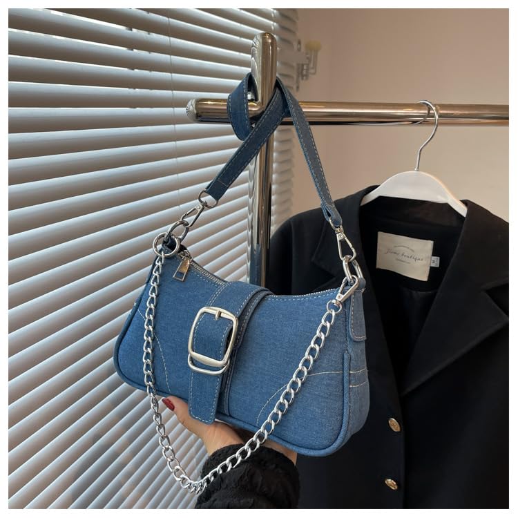 Image of Denim Purse for Women, Vintage Y2K Denim Shoulder Bag Retro Jean Purse Underarm Handbag Clutch for Party, Shopping, Travel