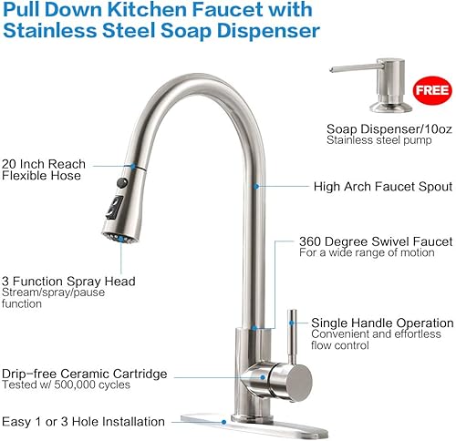 Miniatura 2 de Grifo de cocina de níquel cepillado con dispensador de jabón, grifo de fregadero de cocina con rociador extraíble, arco alto, mango único, grifo de