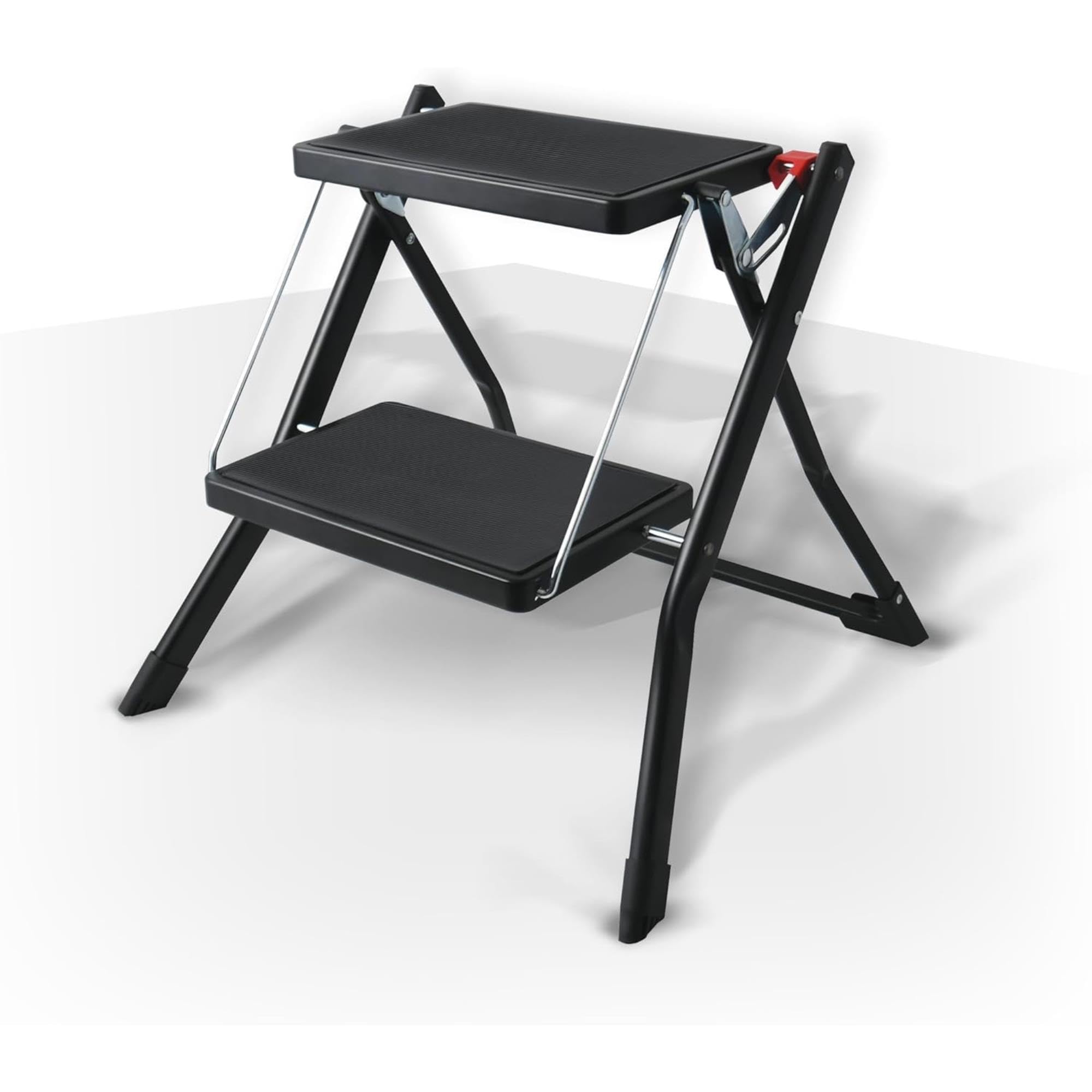 Well Home Escalera Plegable de 2 Peldaños en Acero de Color Negro, Antideslizante y Ligera