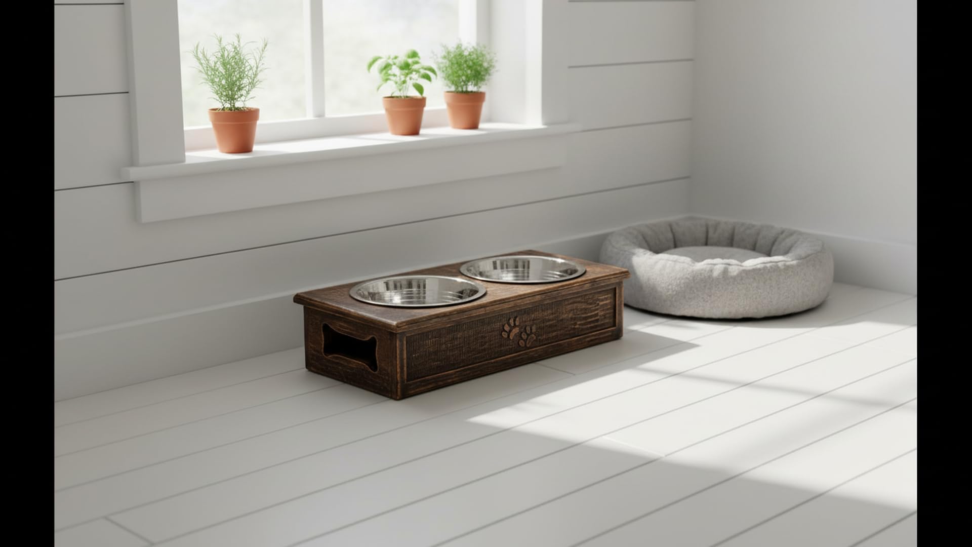 Juego de 2 cuencos de agua y alimentos para perros y mascotas, tazas de metal elevadas de acero inoxidable con soporte de madera de alta calidad, resistente a la corrosión, alimentos secos y húmedos