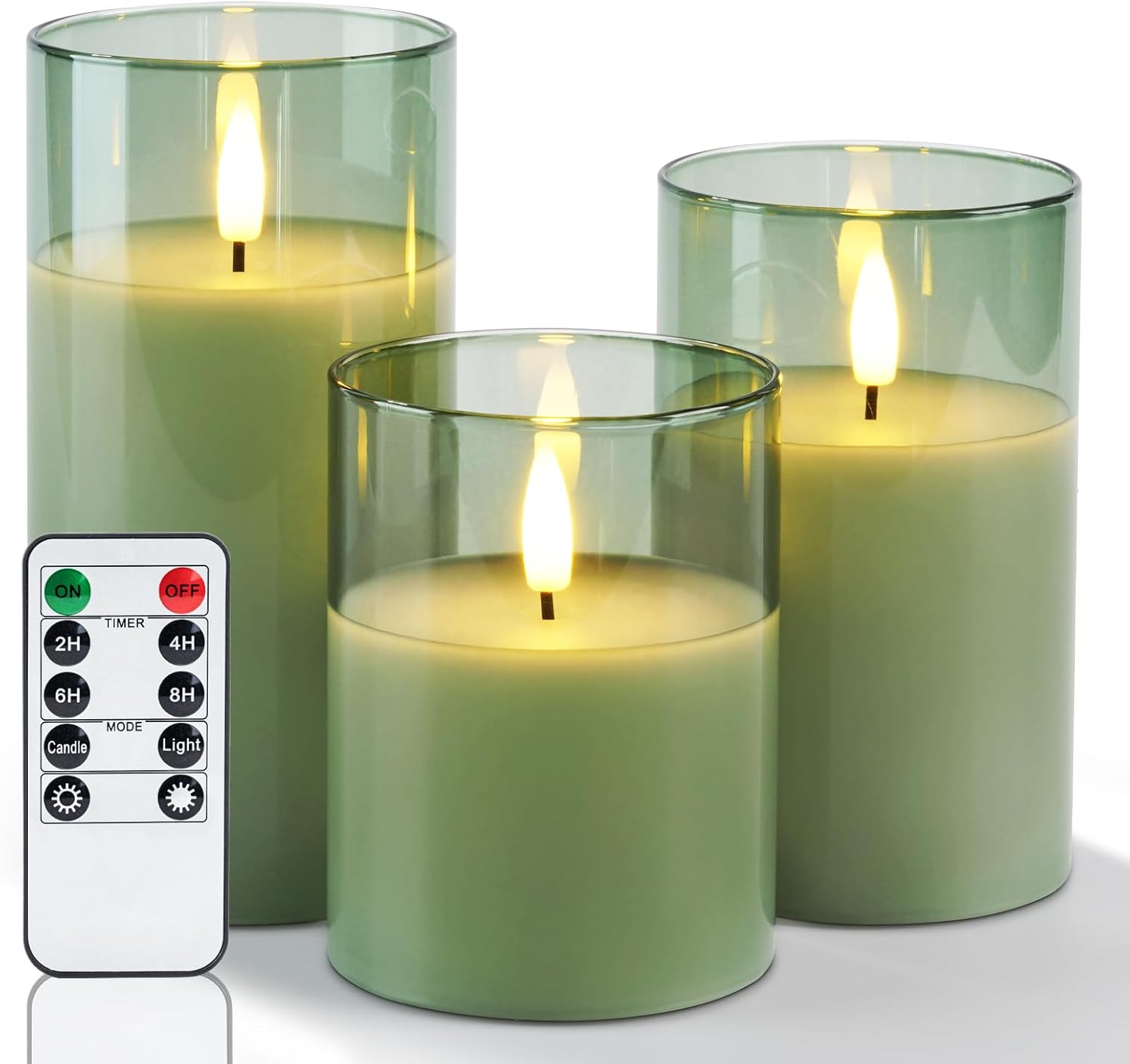 Amagic Green Glass Flameless Candles with Remote and Timer for St. Patrick's Day, Real Wax Battery Operated Candles, Flickering Electric LED Pillar Candles, Home Party Decor, Set of 3