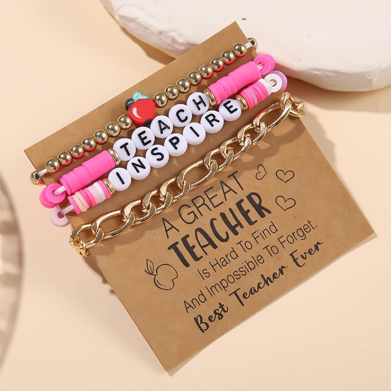 COLORFUL BLING Teacher Appreciation Bracelet Gifts with Card Handmade Love Teach Inspire Letter Bracelets Heishi Surfer Clay Beaded Stretch Bracelet Back to School Graduation Jewelry4
