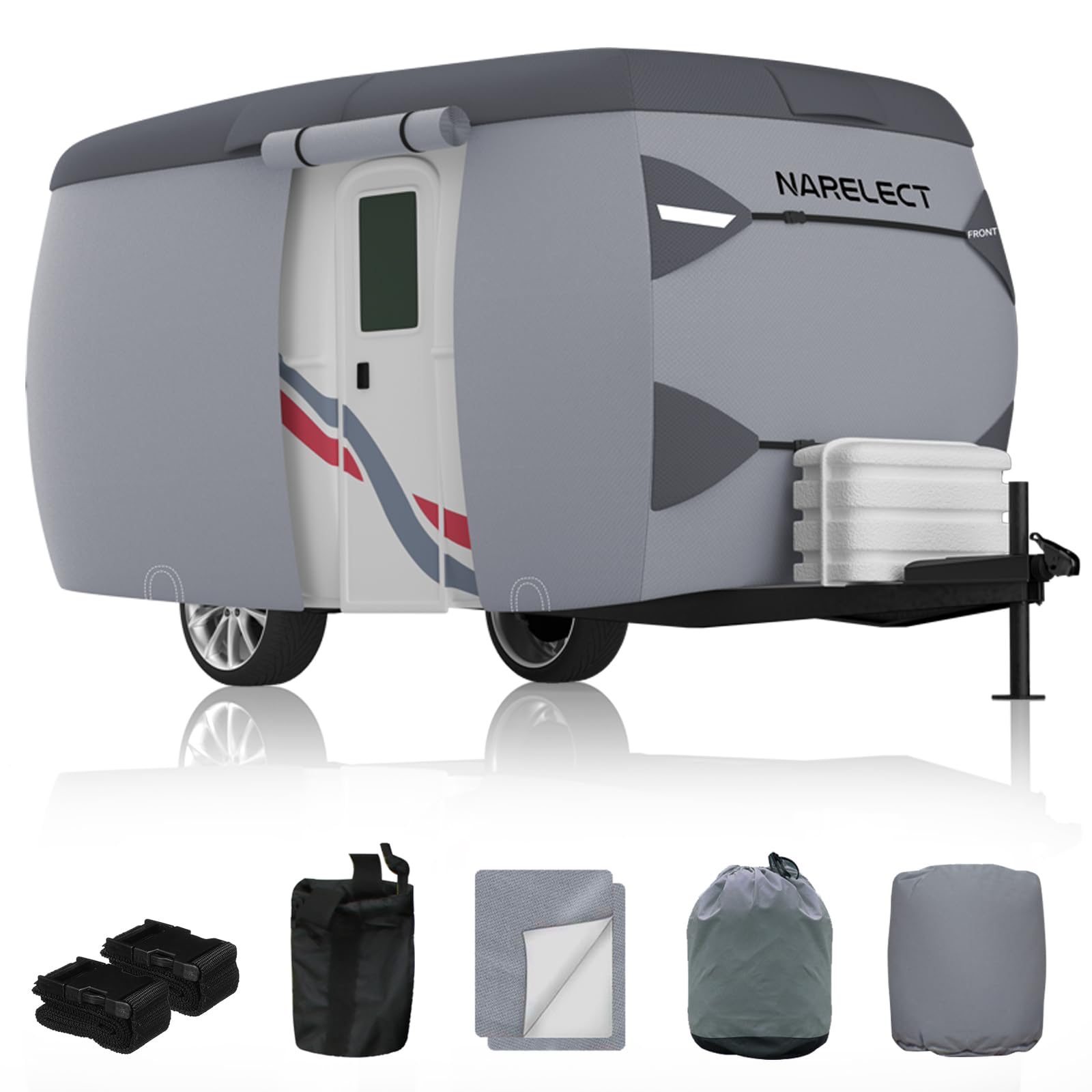 Fiberglass Travel Trailer Cover, Upgraded Camper Cover Waterproof Fits 13'-16' Trailers, Camping Trailer Cover with Windproof Strap, 7 Layers Fiberglass Camper RV Cover, Camper Trailer Cover, Anti-UV