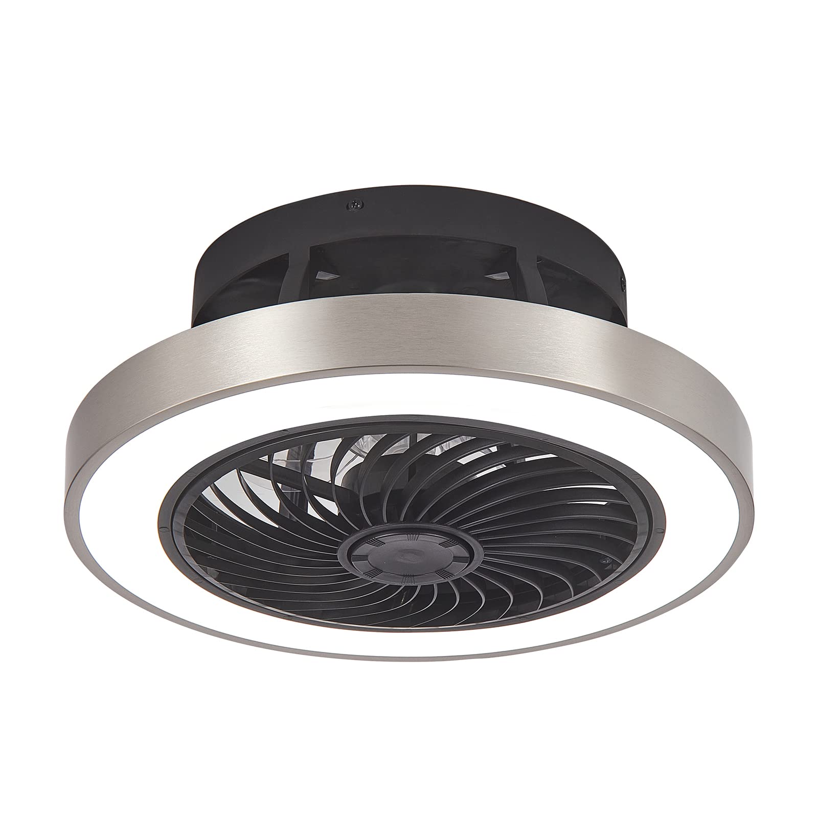 DUJAHMLAND Flush Mount Ceiling Fan with Lights, 16inch Enclosed Low Profile Fan Light with Remote Control,3 Colors 7 Blades 6 Gear Wind Stepless Bedroom Ceiling Fan Light(16inch, Black+Brushed Nickel)