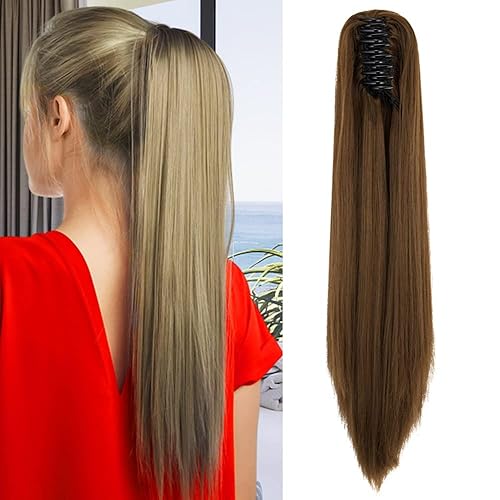 Miniatura 1 de OMGREAT Extensión de pelo sintético con clip de garra de una pieza, extensiones de cabello liso, 21 pulgadas, 5.29oz, marrón castaño claro