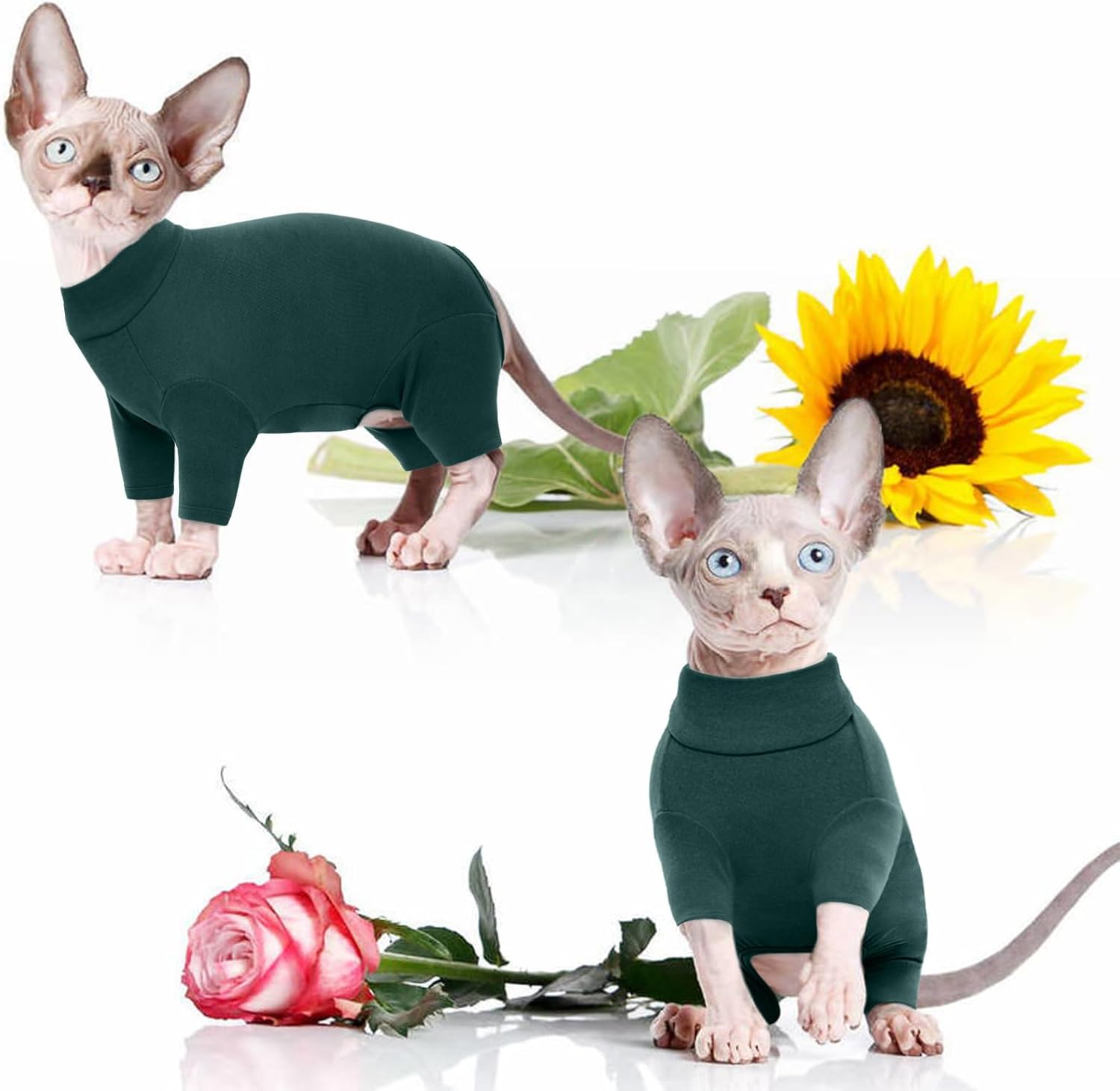 ROZKITCH Sphynx Cat Clothes, Breathable Soft Cat Jumpers for Cats Only, Coat with Four Legs, Warm Sweater T-Shirt Pajamas Jumpsuit Vest Cornish Rex Devon Rex Peterbald DarkGreen XXL
