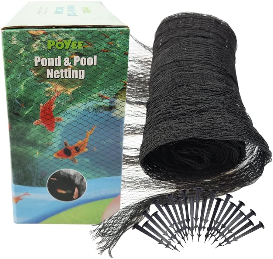 POYEE 20x20ft Pond Netting for Leaves Leaf Net Cover Pond Net with Small Fine Mesh Protecting Koi Fish from Birds Cats Stakes Included
