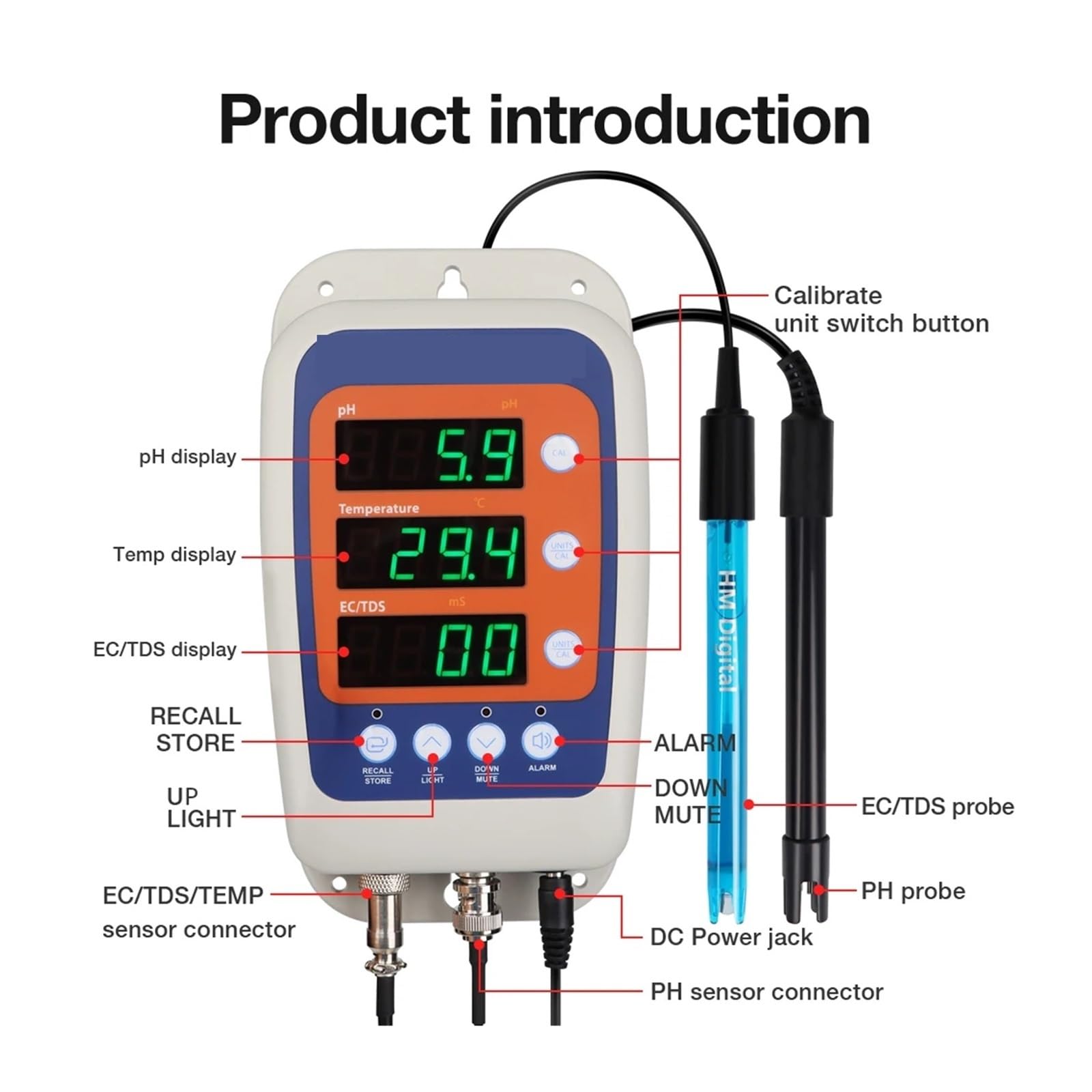 Testeur de qualité de l'eau 4 en 1, pH, température, EC, ORP, conductivité, détection hydroponique avec sonde à 2 électrodes -100