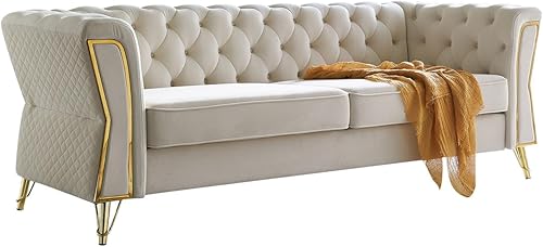 Miniatura 3 de TRIPLE TREE Sofá de terciopelo de mediados de siglo, moderno sofá biplaza tapizado de 3 plazas con reposabrazos y patas de metal, sofá copetudo para