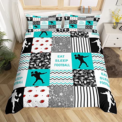 Erosebridal Rugby Duvet Cover, American Football Comforter Cover Queen Size,Sports Game Theme Duvet Cover for Kids Boys Teens Adult Men Bedroom,Eat Sleep Football Player Quilt Cover with Corner Ties