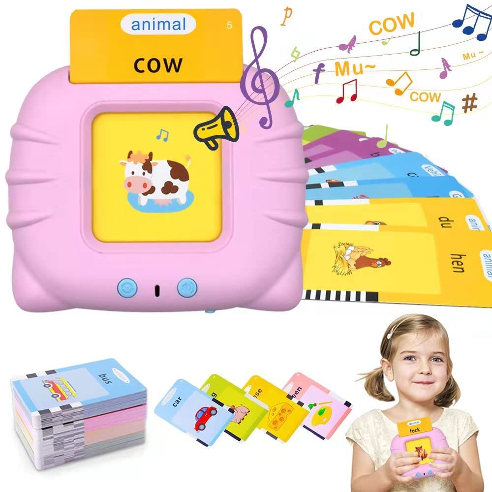 Talking Flash Cards Learning Toys for 2 3 4 5 Year Old Kids Toddler Flash Cards, Educational Toddlers Toys Reading Machine with 224 Words, Preschool Montessori Toys and Birthday Gift for Kids (Pink)