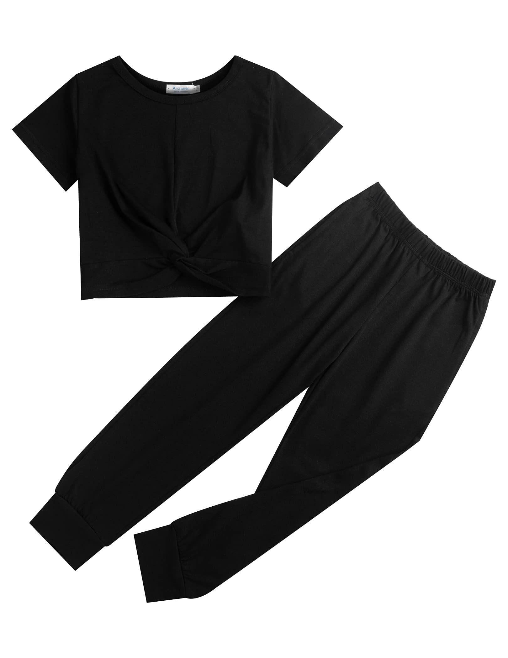 Arshiner Girls 2 Piece Outfits Twist Front Tops and Sweatpants Clothing Set | Short Sleeve Crewneck Elastic Waist Pants with Pockets Casual Spring Summer Fall Winter Clothes