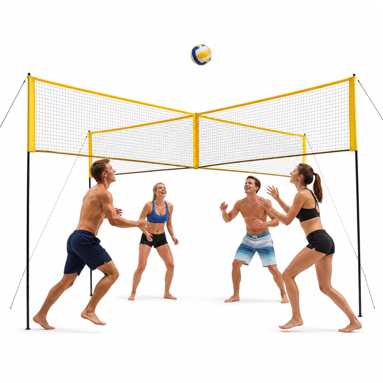 Volleyballnetz, gekreuzt, 4 Quadrate, aus PE, verstellbares Netz für Strand und Garten, ausgebreitete Größe 335 x 335 x 213 cm, Farben Rot und Gelb, Transporttasche inklusive