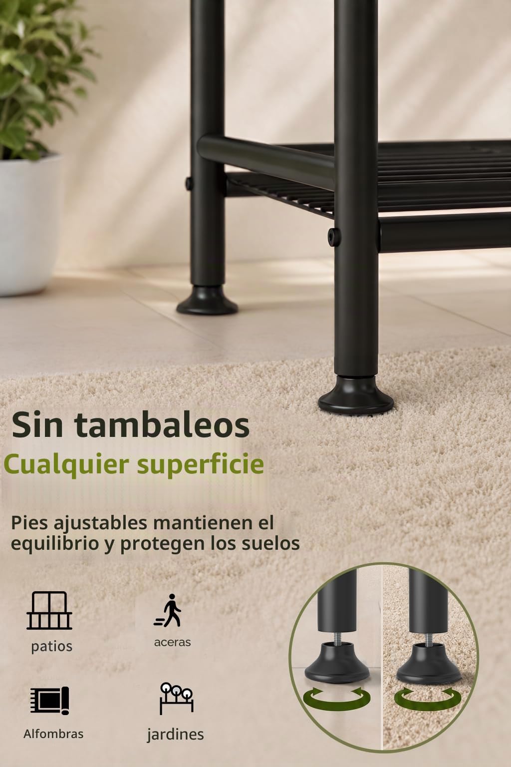 Soporte de metal para plantas de 5 niveles, estante de flores resistente para interiores y exteriores para múltiples macetas, soporte vertical de 65 pulgadas de alto con patas de nivelación