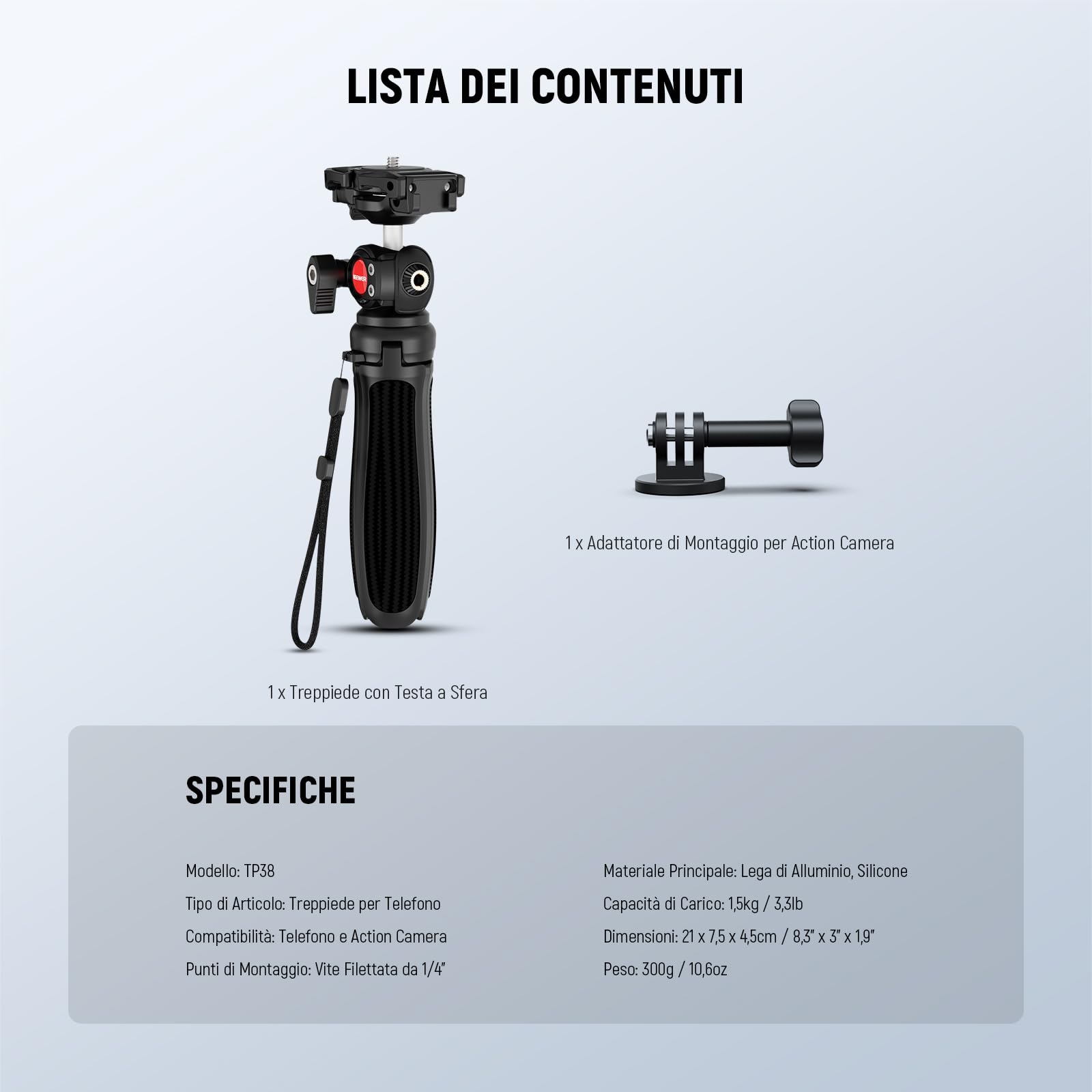 NEEWER TP38 Treppiede Fotocamera Smartphone Selfie Stick con Porta Cellulare Adattatore Action Cam Compatibile con iPhone GoPro, Mini Tripod Supporto Viaggio con Panno Pulizia per Vlog Riprese Video