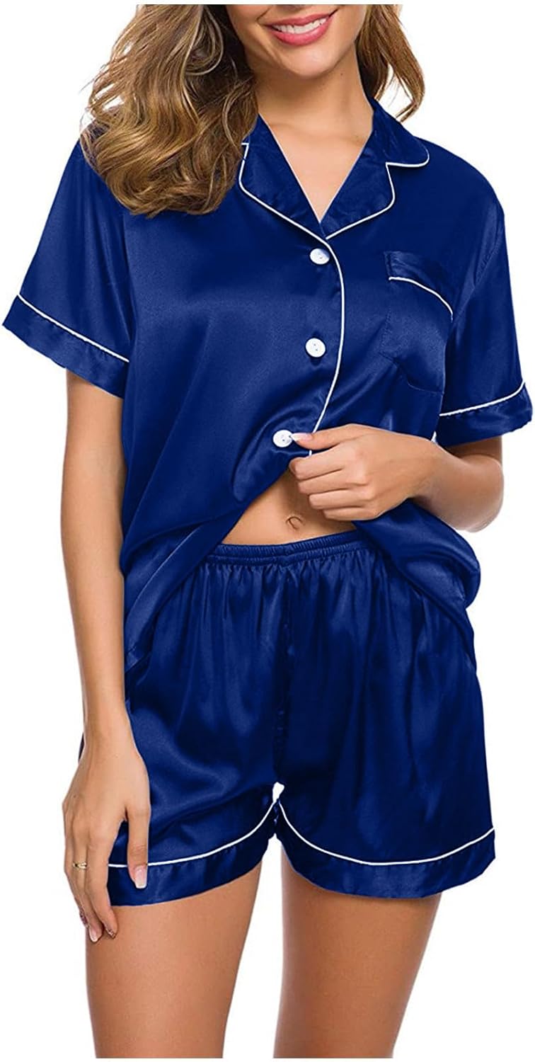 Womens Satin Silk Pajamas Set Short Sleeve Loungewear Two-Piece Sleepwear Button Down Short Sleeve Shirts Shorts Set