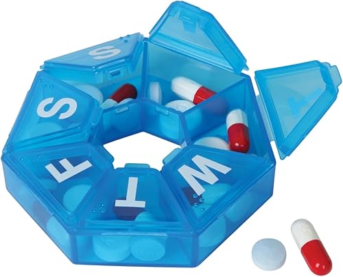 Miniatura 9 de EZY DOSE Organizador semanal de píldoras de 7 días, contenedor diario de medicinas y planificador de vitaminas, estuche redondo para suplementos
