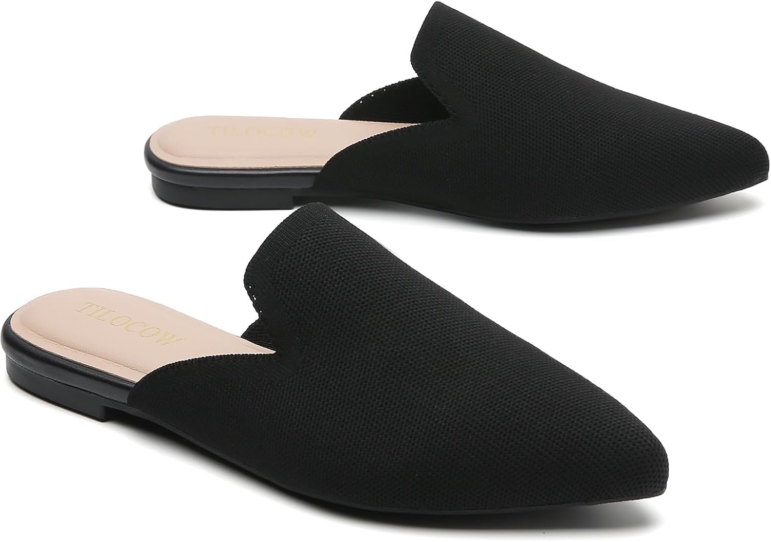 Tilocow Knit Mules for Women Flats Pointed Toe Mesh Ballet Flat Womens Slip On Slides Walking Shoes