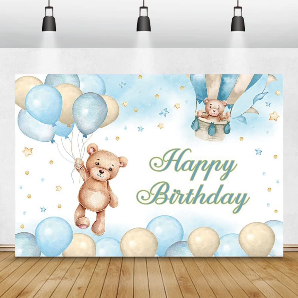 Zabawka z kreskówki dla dzieci, szczęśliwe urodziny, fotografia, tło niebieskie balony, wzór gwiazd, dekoracja baby shower fotocall backdrop 300 x 200 cm