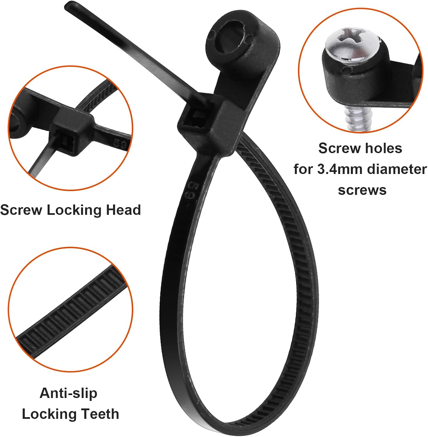 Jiozermi 100 Pcs 4 Inch Black Zip Ties with Screw Hole, 18 lbs Mountable Head Cable Tie, Releasable Multipurpose Nylon Cable Wire Zip Ties with Mounting Hole Nail Screw