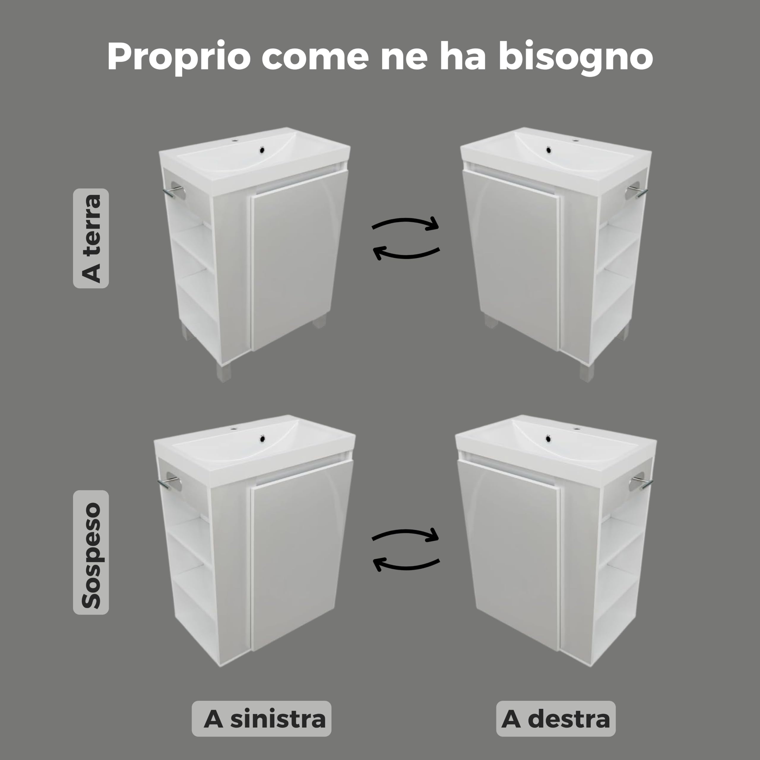 Mobile base con lavabo SEVA, 57 cm di larghezza, Set di mobili da bagno per bagno e WC ospiti, Lavabo in piedi o sospeso, Mobiletto con portarotolo - Rovere Lancillotto
