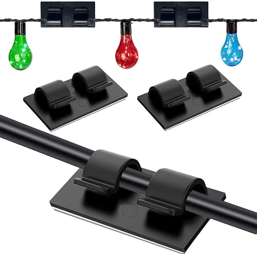 Outdoor Lights Hooks Adhesive with Upgraded Sticky Pad, Storage Box, 18pcs Strong Waterproof Self Adhesion Cable Clips for Outdoors String Lights Desk Wall Workshop Home Office