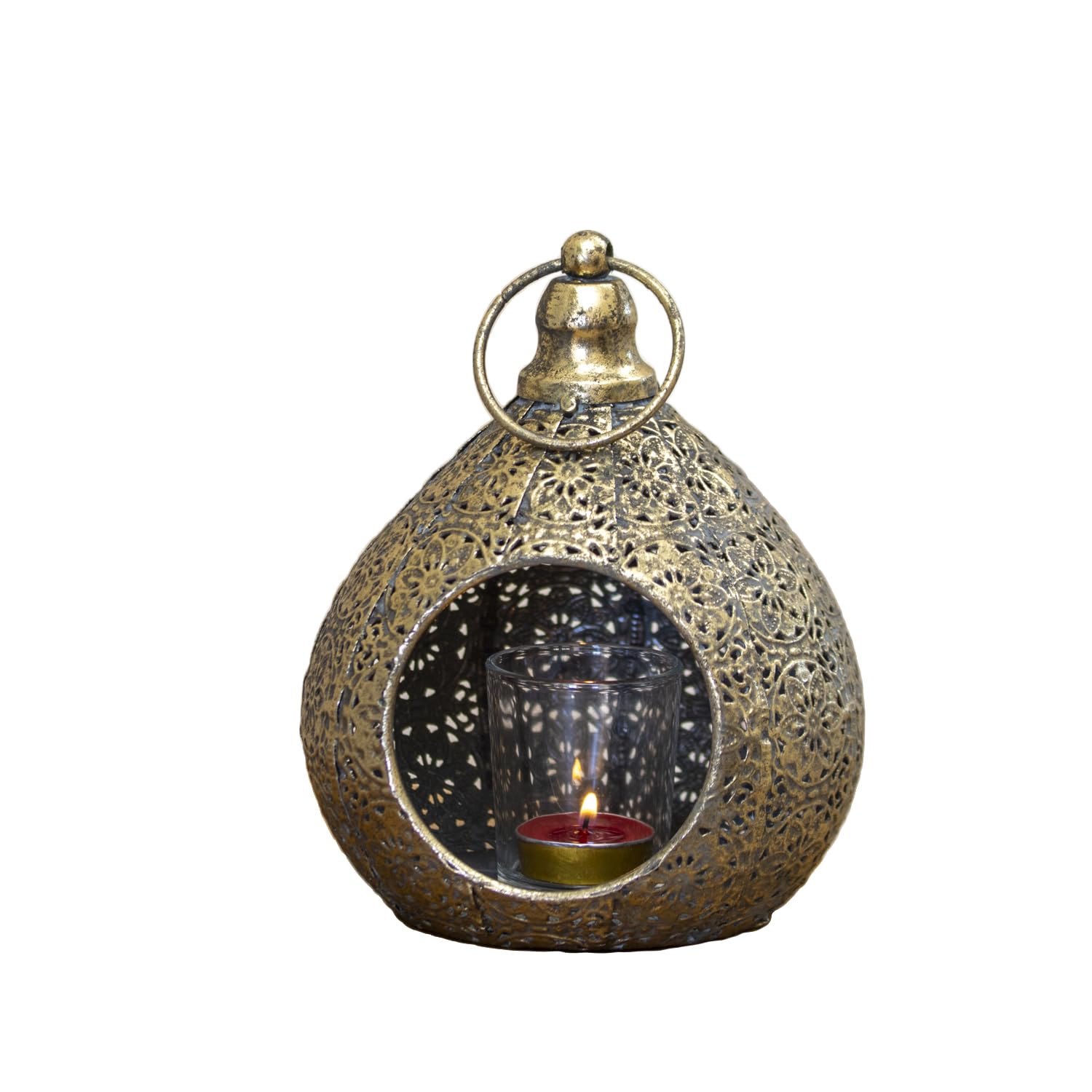 Antique Gold Moroccan Teardrop Candle Lantern, Pierced Metal, Pillar Candle Holder, 15x19x15cm, Hanging or Freestanding