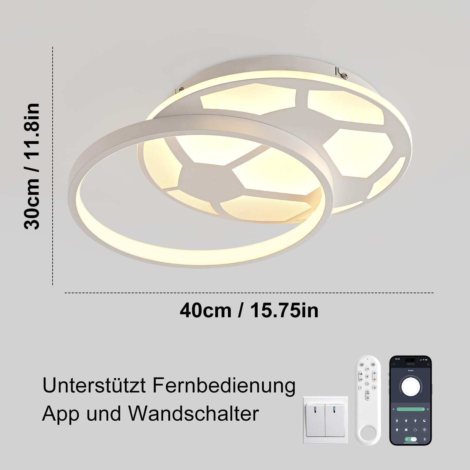 LED Kinder Deckenleuchte, 40CM Deckenlampe LED Fußball Dimmbar mit Fernbedienung und APP, Deckenleuchte Kinderzimmer Lampe mit Timer- und Speicherfunktionen für Kinderzimmer, Jugendzimmer