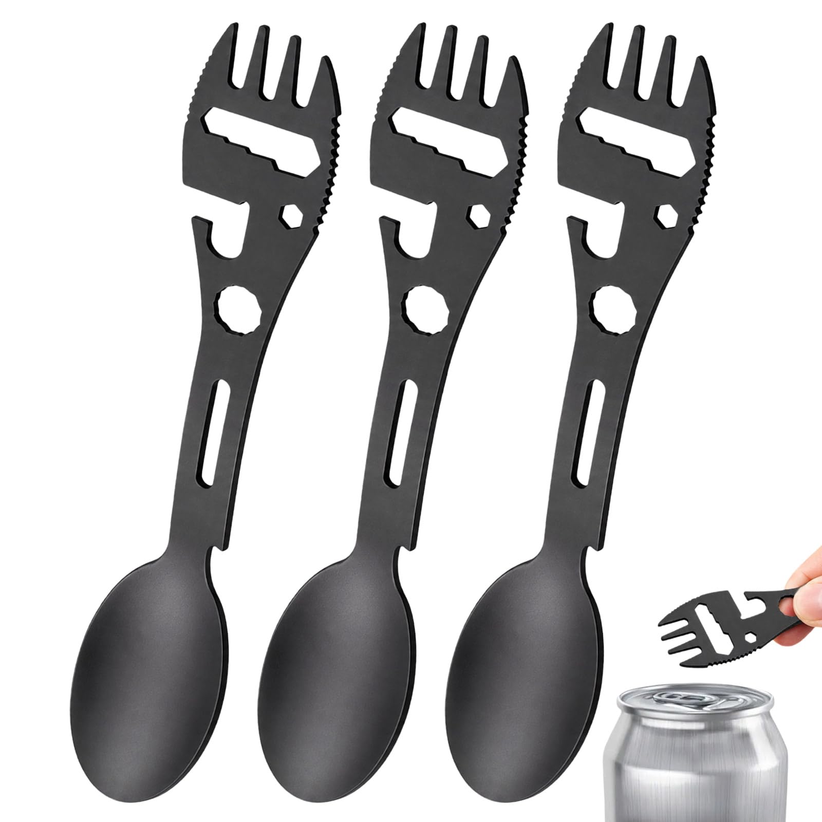Travel Cutlery Set, 3 Pack Titanium Coated Spork Reusable Portable Camping Utensil, Bottle Can Opener Outdoor Spoon Fork Eating Multi-Tool for Hiking
