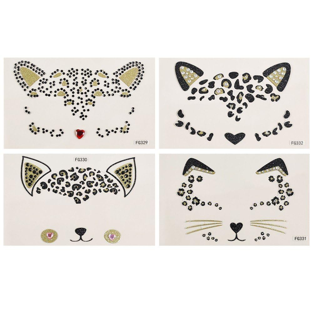 Luxylei Women's As Shown 4Pcs Cat Face Gems Face Jewels For Face Rhinestones Stick On Cat Whiskers Costume Accessory For Face Rave Accessories Body Gems