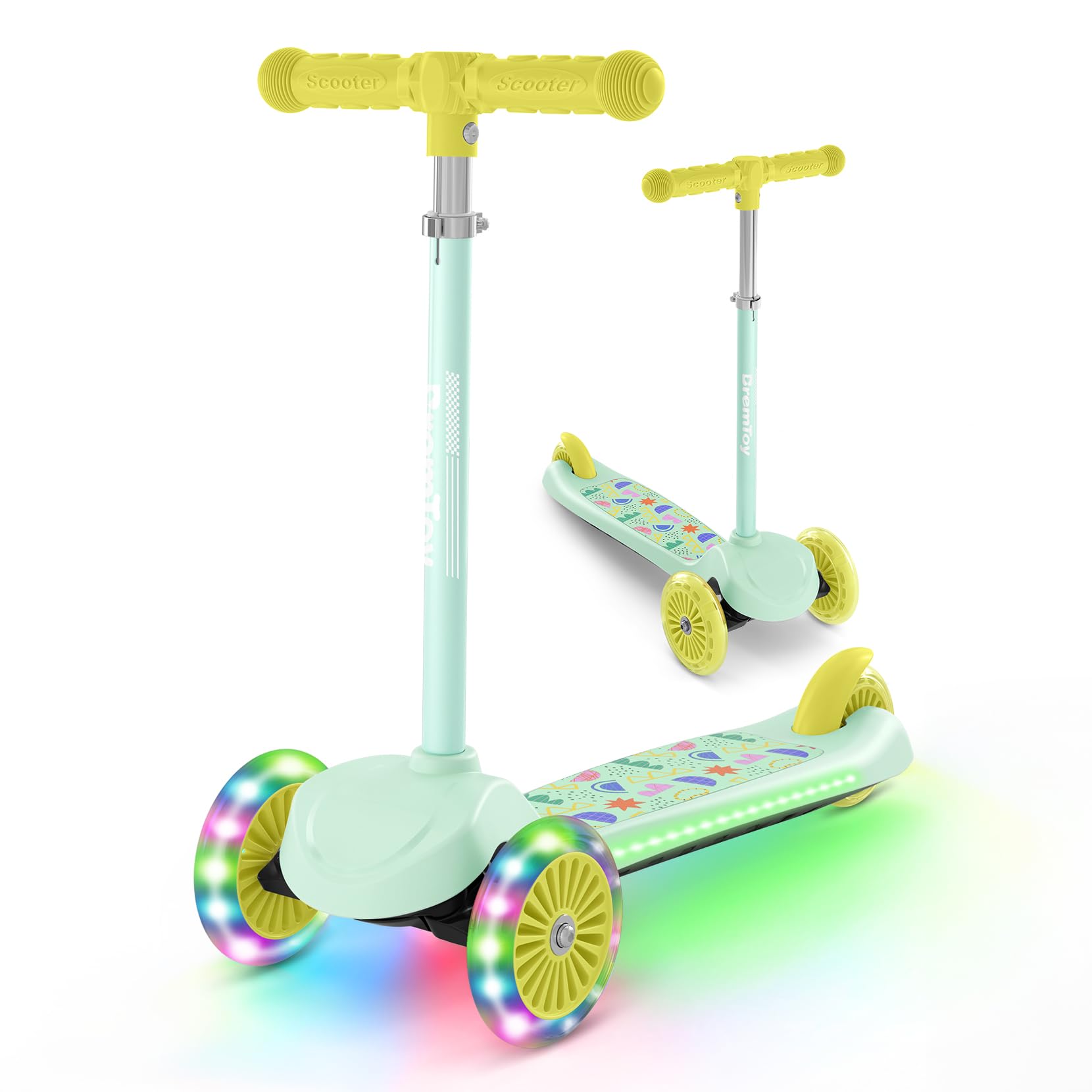 BremToy Roller Kinder 3 Jahre, Kinder Roller mit Leuchtendem Deck und Beleuchtete Räder, 4-Stufig Höhenverstellbarer, Reaktionsschnelles Bremsen, leicht, Kinderroller für von 3–8 Jahren, Grün