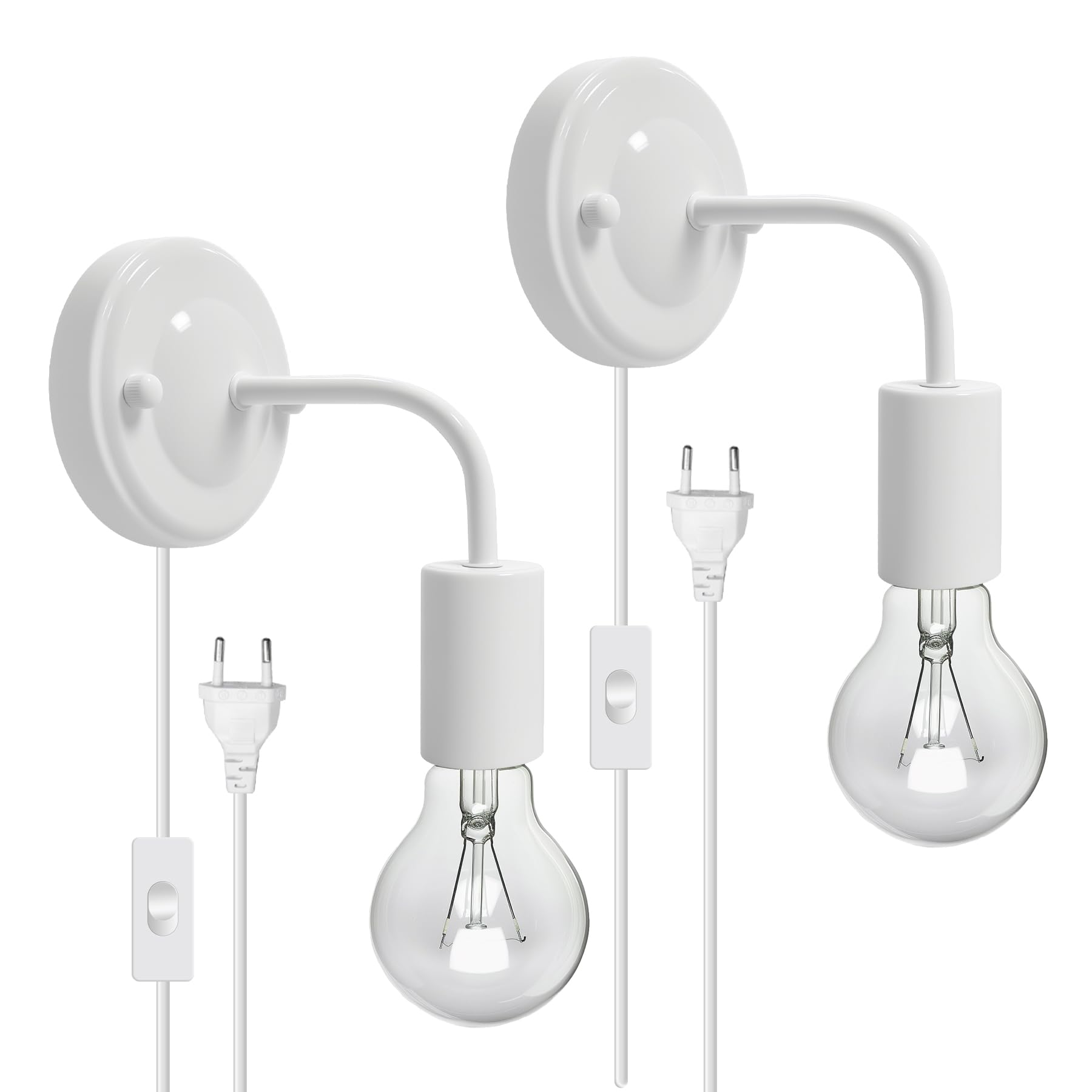 2 Piezas Lámpara de Pared con Interruptor y Enchufe, Moderno E27/E26 Iluminación con Base Engrosada, Blanco Metal Aplique de Pared Interior para Salón Pasillo Dormitorio Café Decoración(Sin Bombillas)