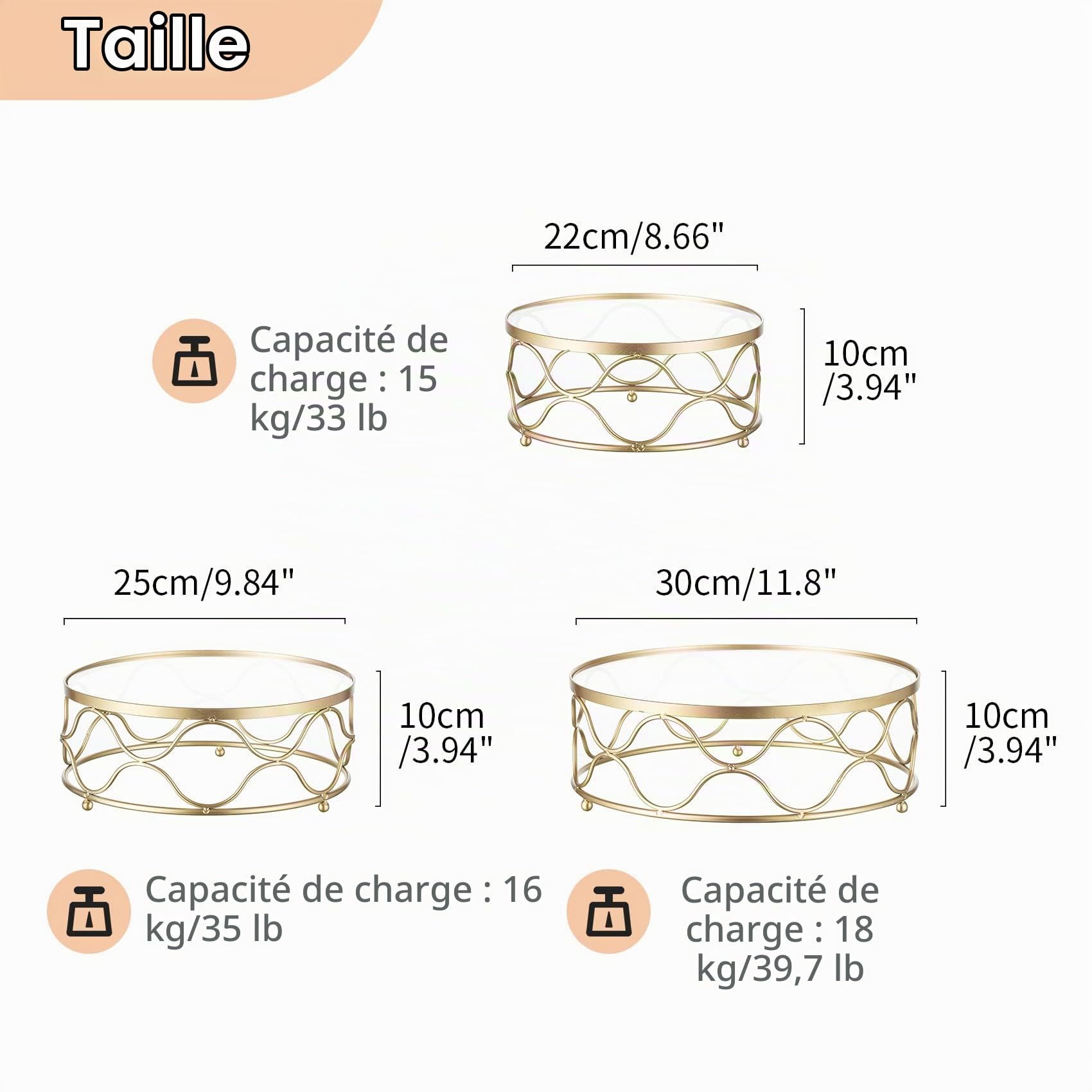 NUPTIO Presentoir A Gateau Rond Doré: 3 Pièces Support Gateau Métal pour Plateau À Dessert Géométrique avec Panneau Acrylique pour Mariage Anniversaire Fête Douche de Bébé Noël