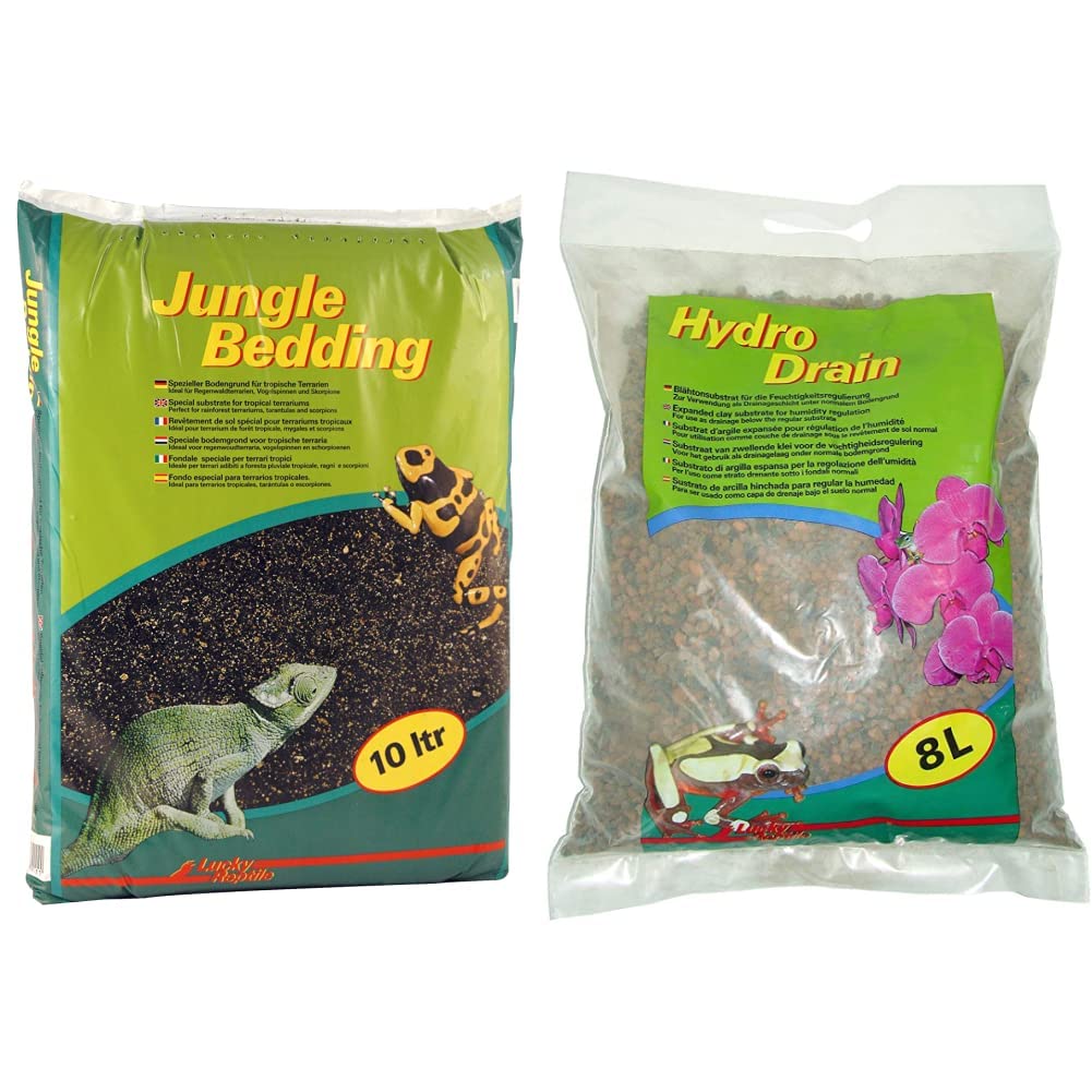 Lucky Reptile JB-10 Jungle Bedding, 10 Liter, Bodengrund für Tropenterrarien & Hydro Drain 8 l, Drainagematerial für Bodengrund im Tropenterrarien