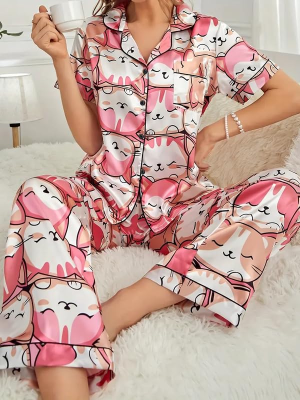 Image of Night Suit for Women with Full Sleeve Button-Down Top with Pant Dress for Woman, Night Dress for Woman, Cotton Two-Piece Loungewear Set