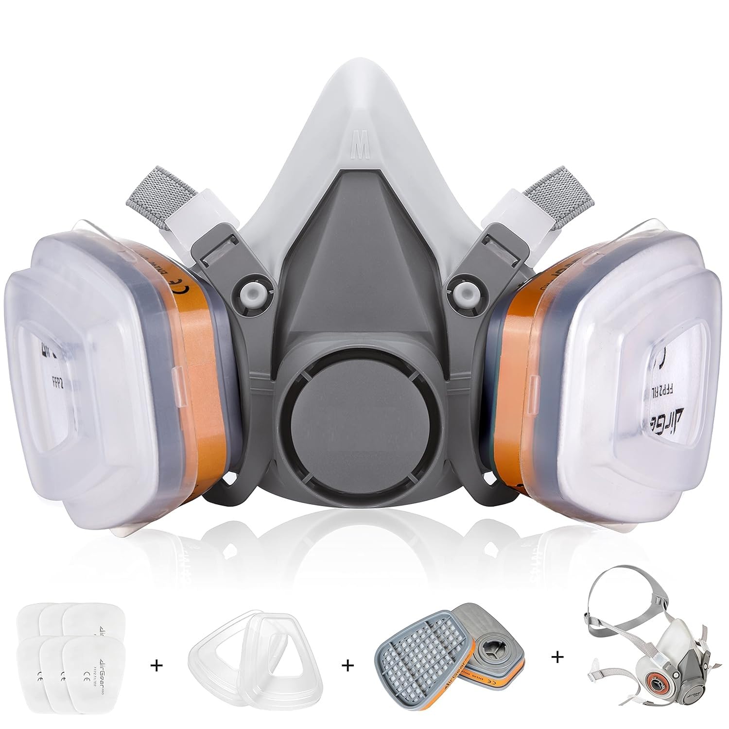 Reusable Respirator Mask, Reusable Half Face Cover Gas Mask with Safety Glasses With A1P2 Filters, Anti-Gas Anti-Dust, Grey, for Painting Woodworking Construction Sanding Spraying Chemicals DIY-image-18