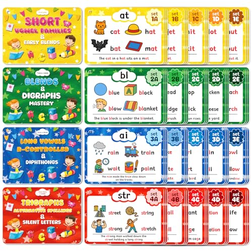 Phonics Flash Cards, Sight Words Flash Cards for Kindergarten, Learn to Read in 20 Phonic Stages, and Phonics Games for Kids Ages 4-8, Suitable for...