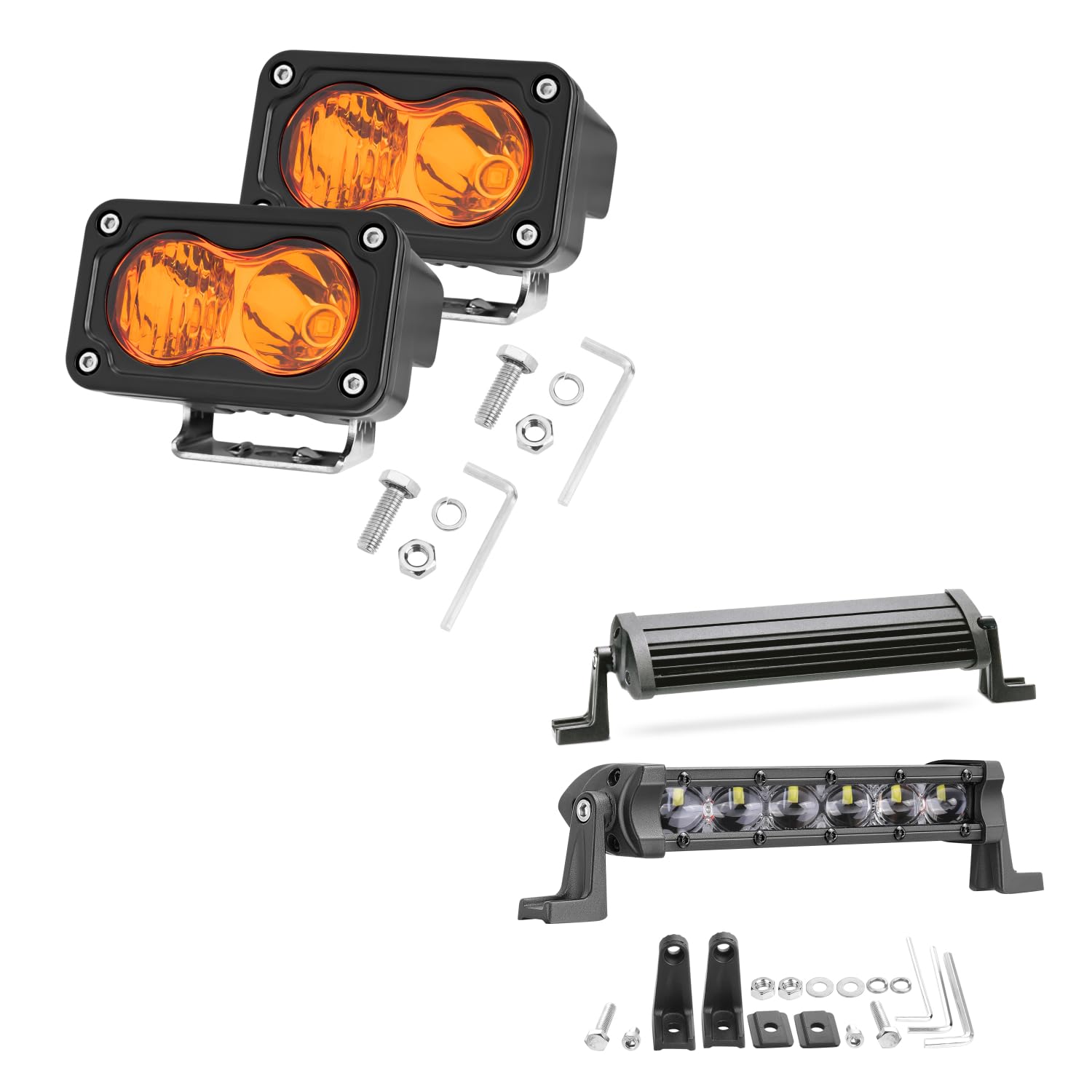 YCHOW-TECH2PCS 3 Inch Amber LED Pods + LED Light Bar 6 Inch